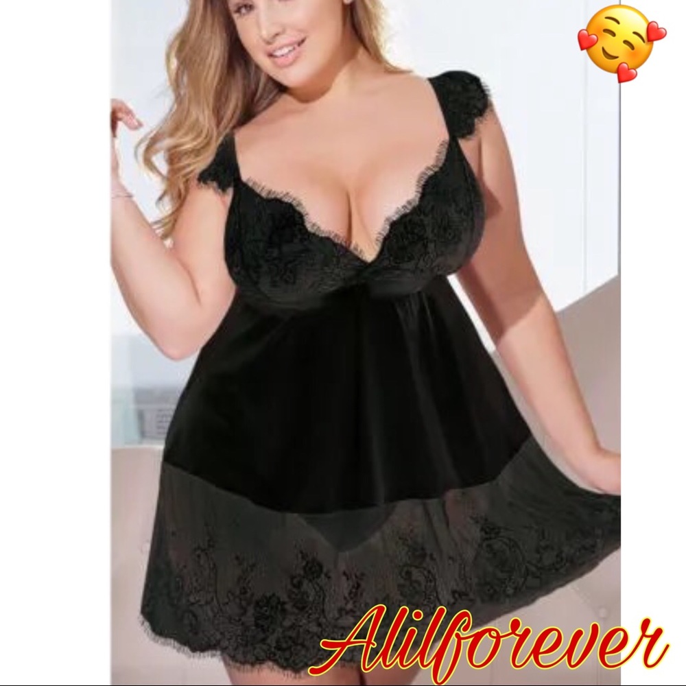 🥰 Black Satin Lace Lingerie Nightgown - Picture 2 of 3